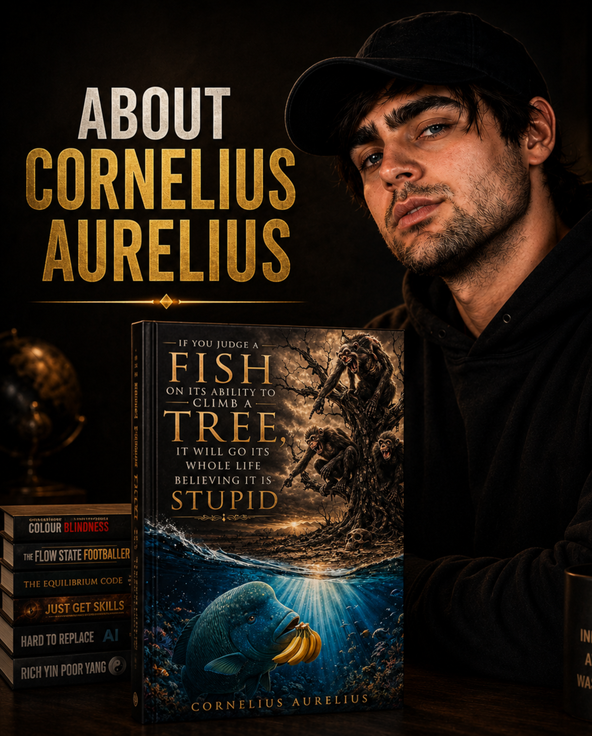 About Cornelius Aurelius thumbnail with Cornelius wearing a black cap beside the Fish and Tree book